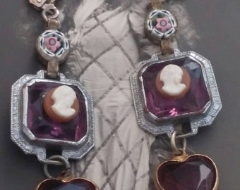 TWO LADIES vintage antique cameo Edwardian assemblage earrings