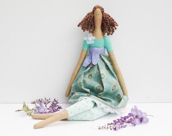 Tilda doll handmade doll, fabric doll cloth doll turquoise brunette in peacock dress rag doll softie plush baby shower & nursery decor gift