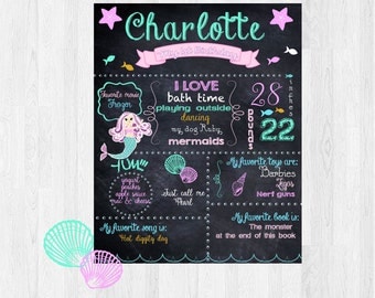 mermaid first Birthday Chalkboard Poster, baby chalkboard sign, Under the sea party decoration, nursery wall art, baby chalk board