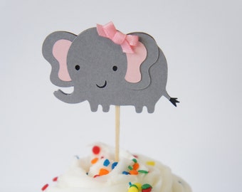 Set of 12 Gray and Pink Elephant Cupcake Toppers Baby Shower Food picks