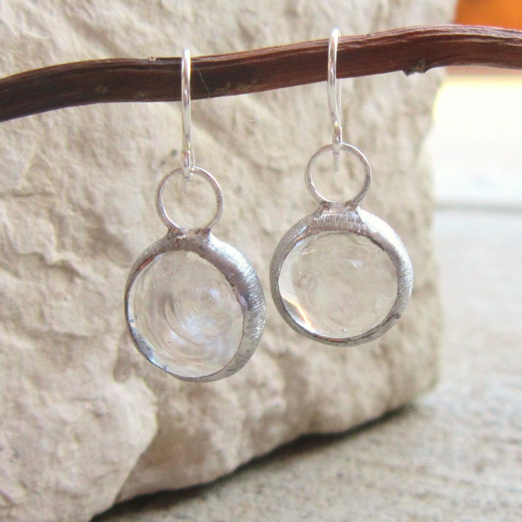 Clear Glass Earrings. Vintage Glass Circle Earrings. Soldered