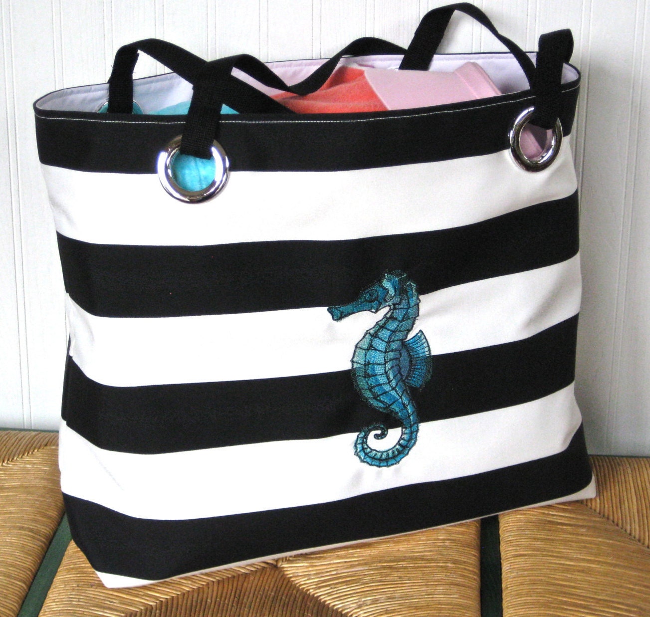 Beach Bag Extra Large Seahorse Tote Black and White Tote Pool