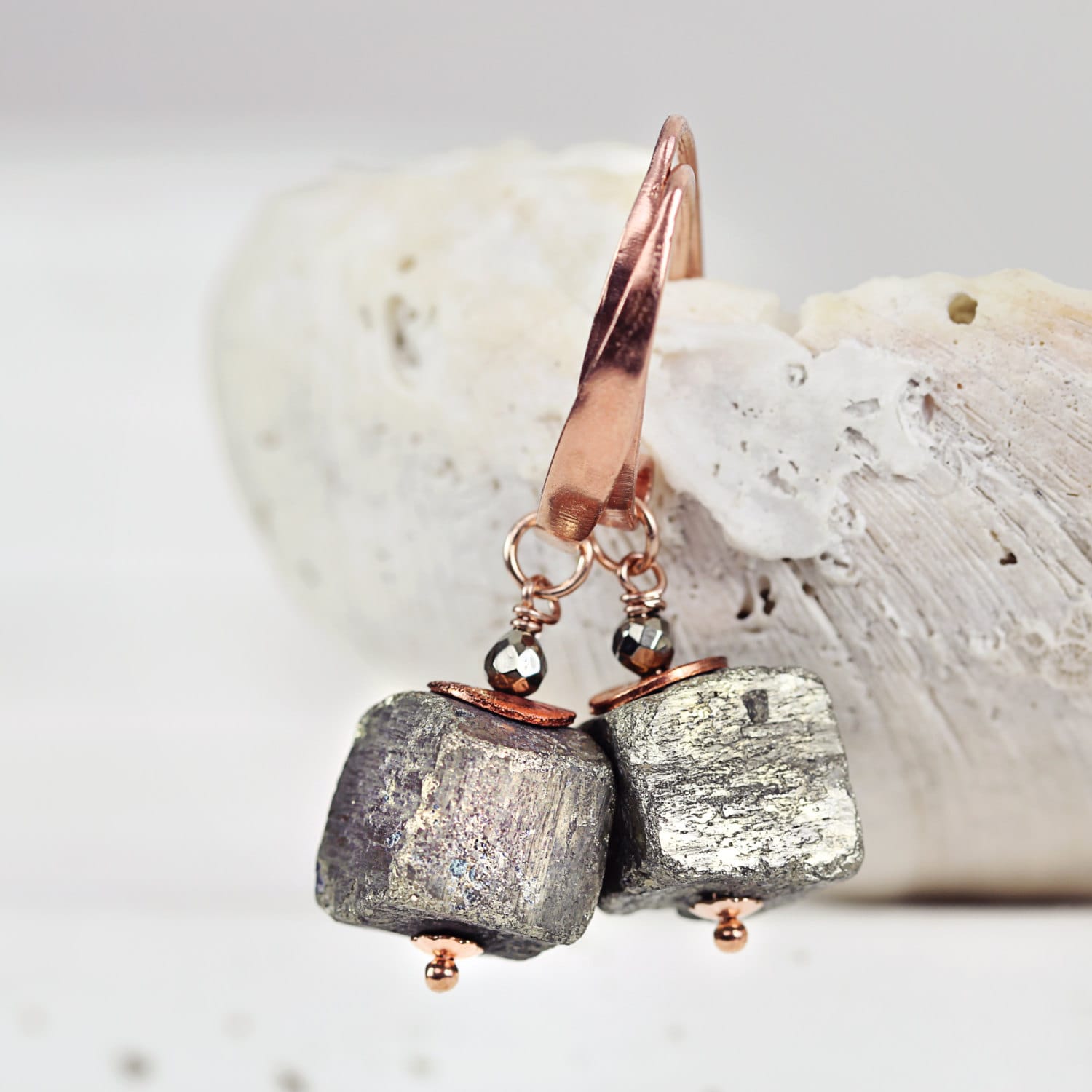 Pyrite Cube Earrings – Raw Stone Earrings – Pyrite Jewelry - Rose Gold Earrings - Modern Earrings