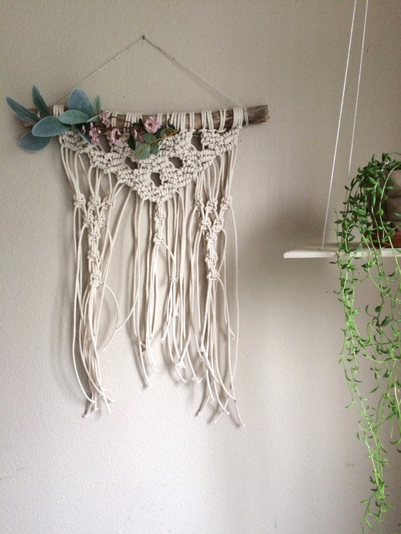 Boho Macrame Wall Hanging with Flowers & Roses / Rustic Earthy