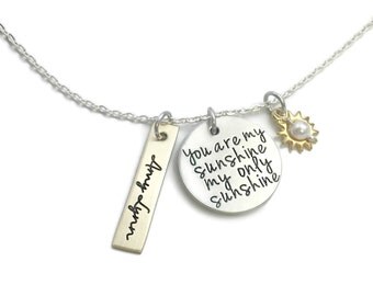 Stamped "You Are My Sunshine My Only Sunshine" Gold And Silver Necklace- Hand Stamped Jewelry - Personalized Jewelry - Engraved Jewelry