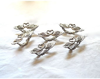 Six 1980s Napkin Rings Silvery Pewter Swans and Hearts