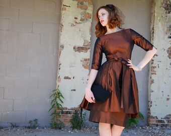 Vintage copper 1950s dress set, convertible wiggle tulle skirt, headpiece veil, three piece XS S