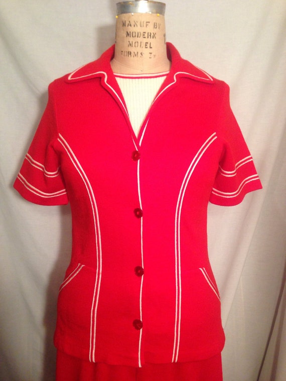 Vintage 70s Red and White Misses Three Piece Polyester Leisure Suit Size 12 t4