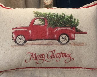 Christmas Pillow, farmhouse, free customization, Red truck with Christmas tree, rustic, farm, barn 12x18