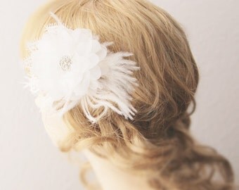 Bridal Flower Hair Clip - Rhinestone Feather Hair Flower - Wedding Hair Accessory