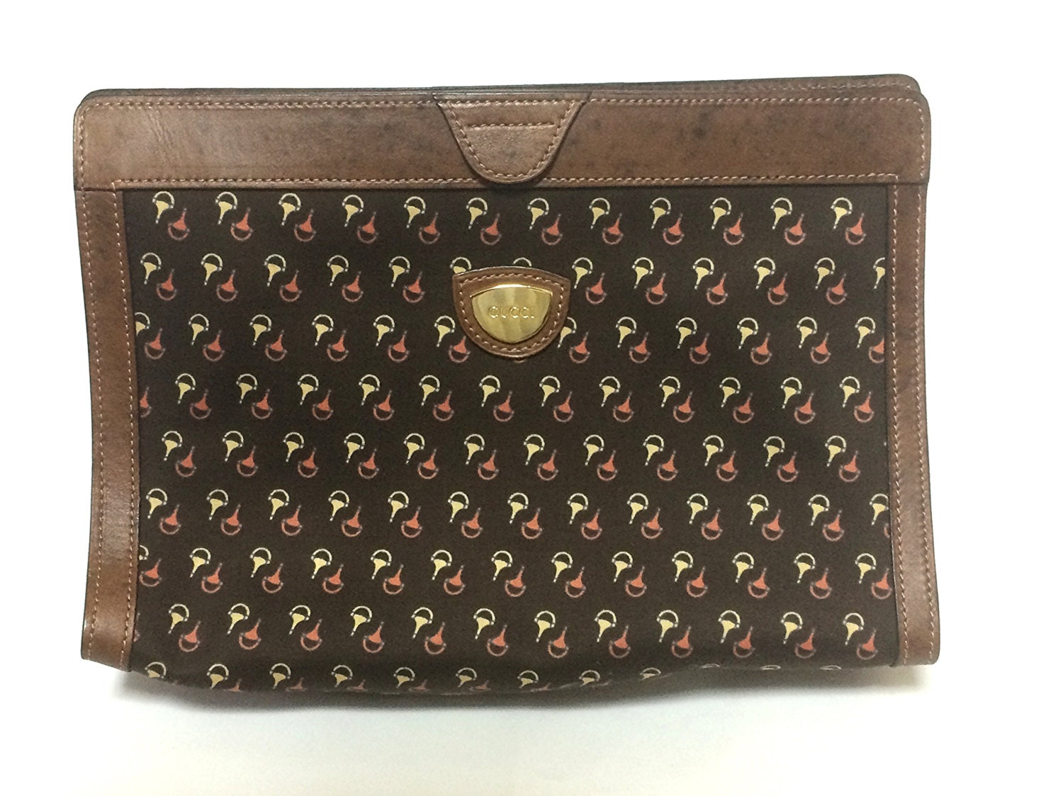 80's Vintage Gucci brown toiletry clutch pouch with all