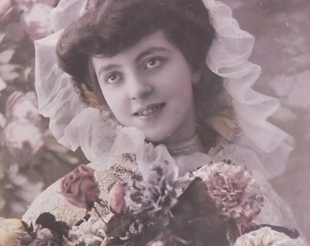 Antique French postcard vintage French vintage beauty photograph postcard hand tinted postcard french romantic happy new year Bonne Annee