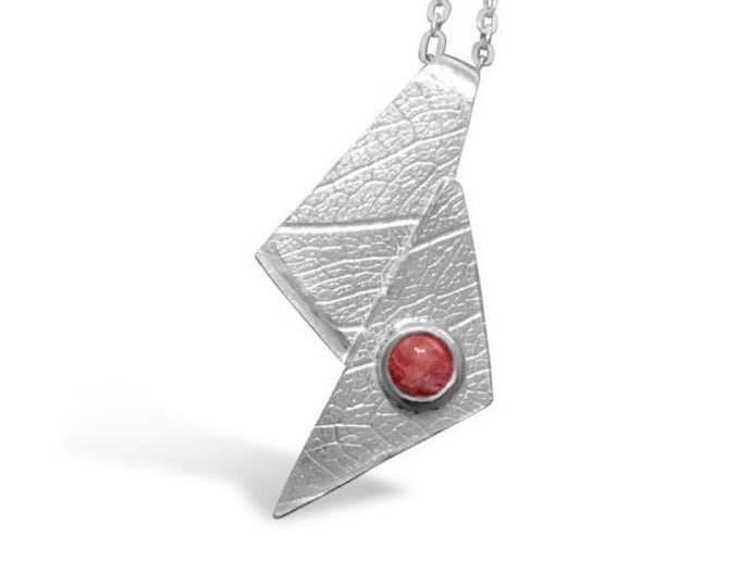 Rhodochrosite and Sterling Silver Textured Pendant