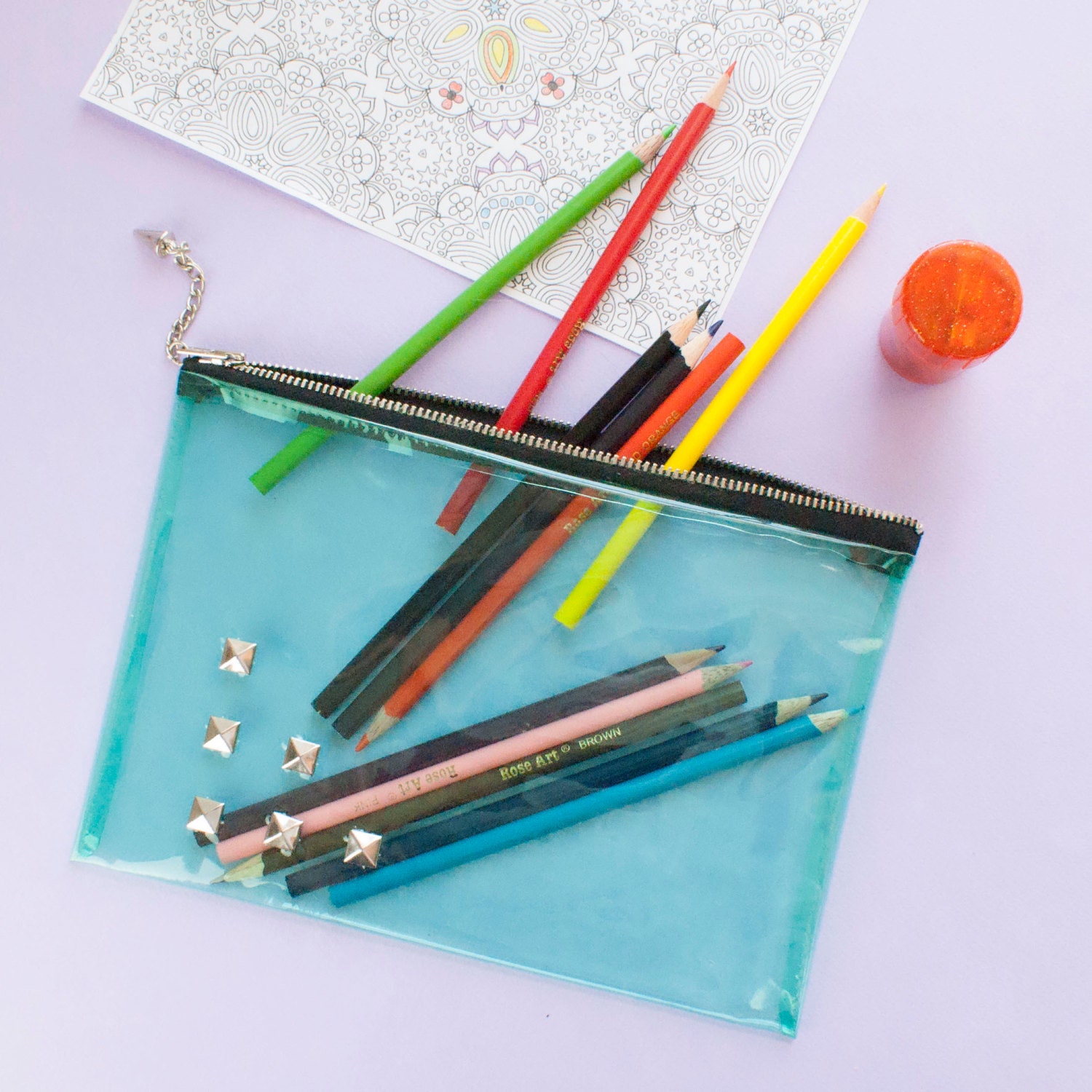 Clear Pencil Case Green Vinyl Zipper Pouch Studded by fashionmeme