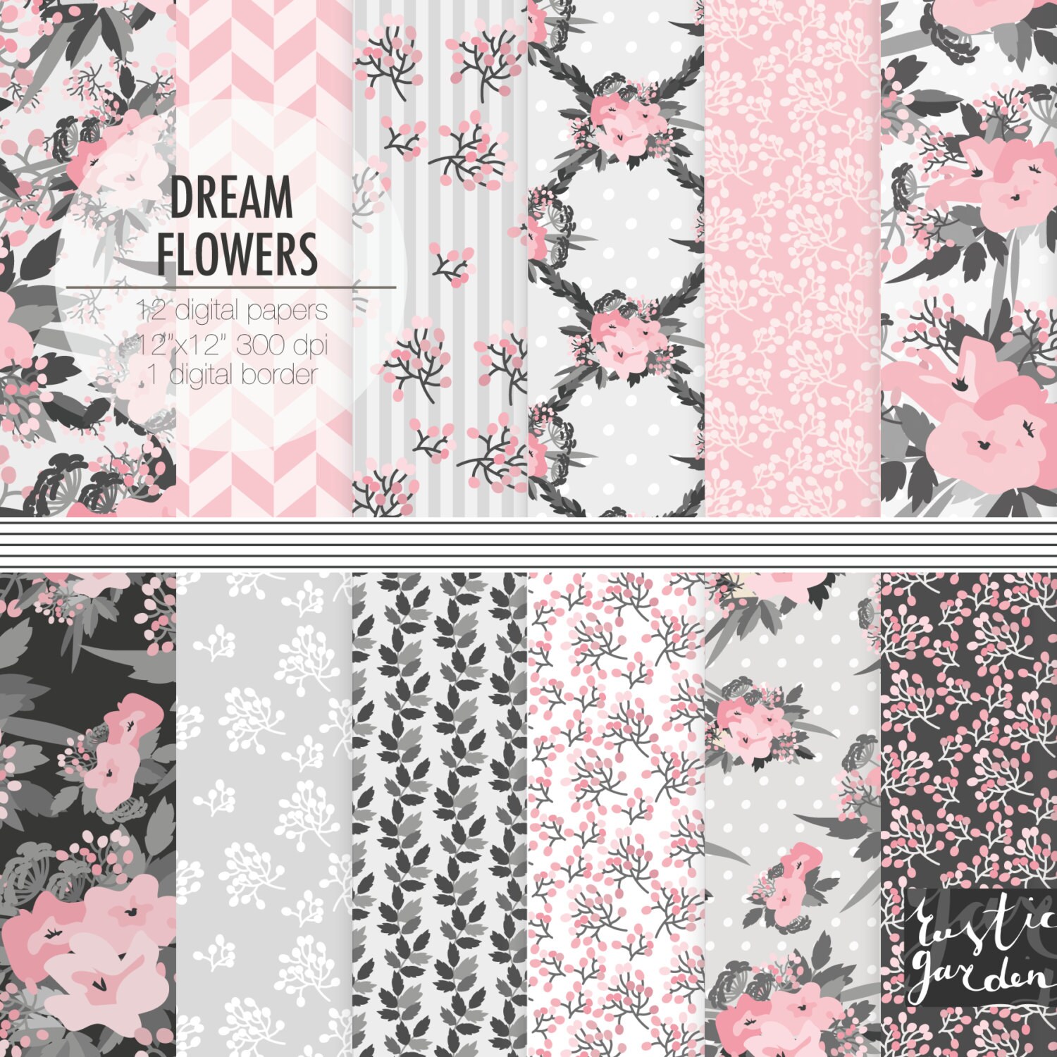 Download PINK GRAY digital paper flower scrapbooking digital paper.