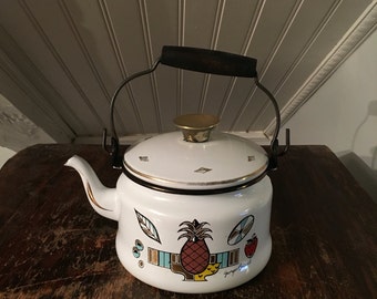 Vintage 1960s Mid-Century Mod Georges Briard Signed Small White Enamel Retro Tea Kettle With Modernist Food Design Motif