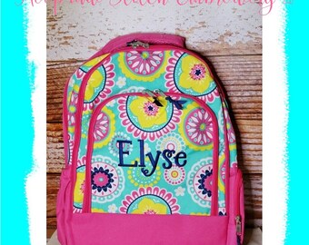 Monogram Girls Backpack for Back to School Hot Pink Piper Print with Yellow and Aqua, Monogram Piper Backpack, Piper Backpack