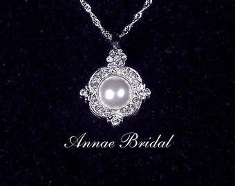 Bridal jewelry, wedding, White pearl and rhinestone pendant necklace, Swarovski, silver "Pearl Elegance" necklace