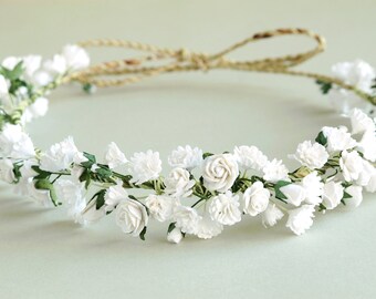 Gypsophila Flower Crown - White bridal headpiece - Made of paper baby's breath and natural twine
