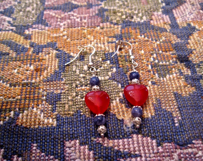 Ruby and Sapphire Gem Bead Earrings. Sterling Silver E123