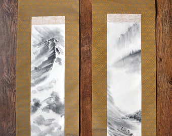 Japanese landscape. Original handmade scroll. Set of 2 brush painting. River and mountain. Zen art.
