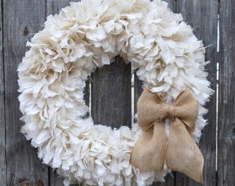 28" Burlap Rag Wreath, Winter Wreath, White Wreath, Rustic Wreath, Beach Wreath, Everyday Wreath