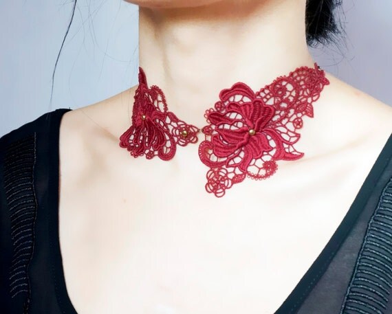 SALE Gothic Dark Red Lace Choker Necklace Statement