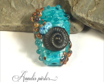 Handmade lampwork glass ammonite focal bead, Artisan lampwork bead, jewelry supplies, Swedish glass craft, SRA