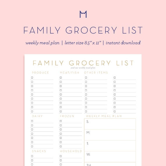 Printable Grocery List Family Grocery List by MonicaMyersDesigns
