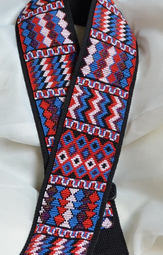 Beaded Guitar Strap Red White and Blue by MayanTreeHandicrafts