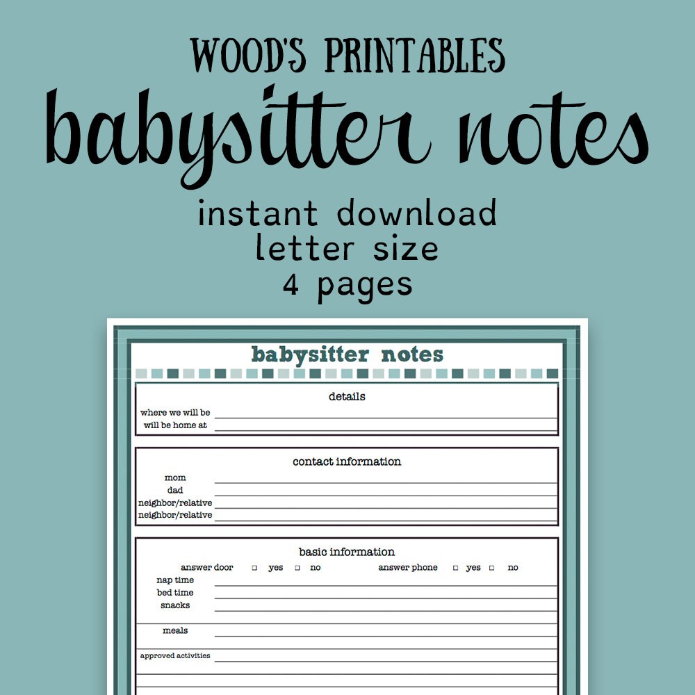 Babysitter Notes PDF Printable Babysitter Note by woodsprintables