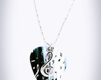 Silver Clef Necklace, Music Note, Guitar Pick Necklace, Treble Clef, Music Jewelry, Genuine guitar pick