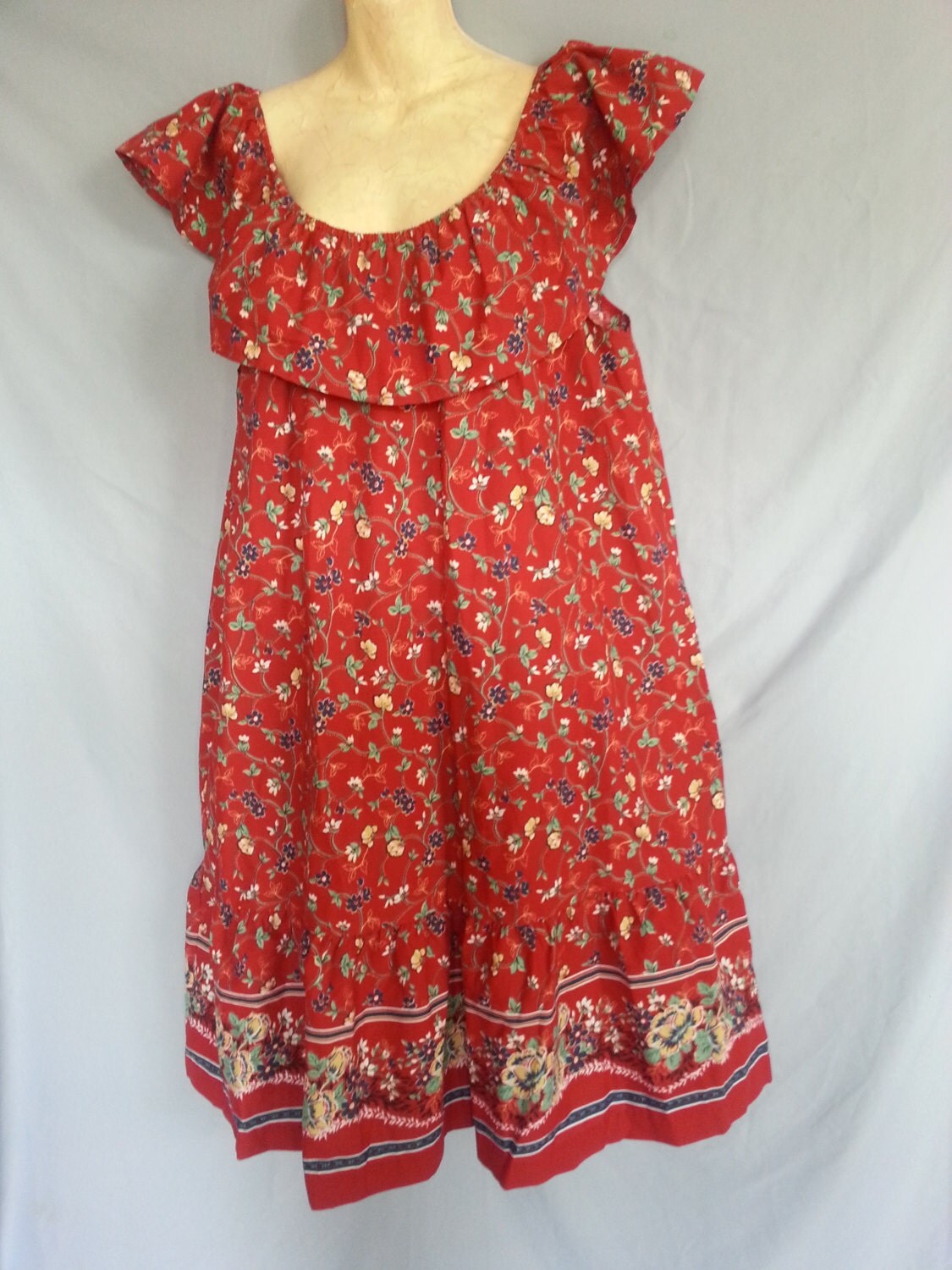Summer Patio Dress MuMu Red with Flowers Slip over Border