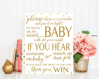 Don't Say Baby - Baby Shower Game, Printable Baby Shower Game, Baby Shower Sign, Gold, Baby Shower Printable, Baby Shower Decor BAS1
