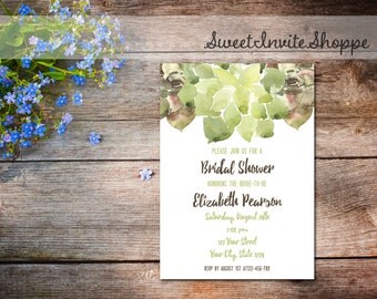 Succulent Bridal Shower Invitation, Watercolor Succulent Wedding Shower Invitation, Green Watercolor Bridal Shower Invite, Printable File