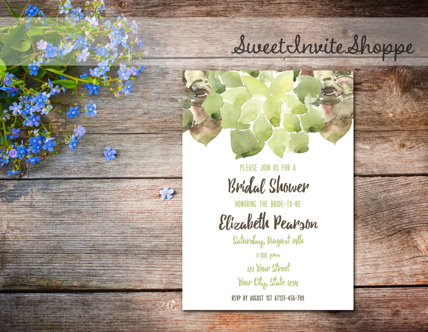 Succulent Bridal Shower Invitation Watercolor Succulent