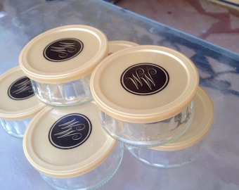 Glass Containers, Ramekin Cups, Glass Jars Plastic Lids, MM Initial Jars, Ribbed Glass Jars, Short Glass Containers, Set of Six Glass Jars