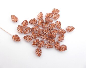 10 x Clear and Copper Leaf Glass Beads, Leaf Czech Glass Beads, Clear Leaf Beads, Copper Leaf Beads 11x8mm LEA0041