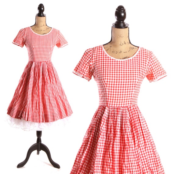 1950s Red and White Gingham Western Ric Rac Trimmed Dress