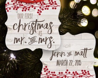 our first christmas as mr. & mrs. rustic personalized first christmas wedding ornament two -sided FCMRO