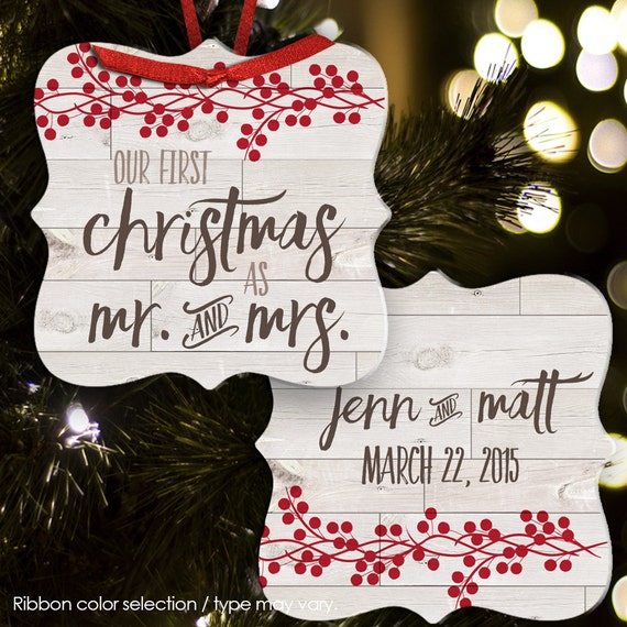 our first christmas as mr. & mrs. rustic personalized wedding ornament