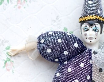 Yves Rocher années 1980, poupée clown Arlequin, tête en porcelaine