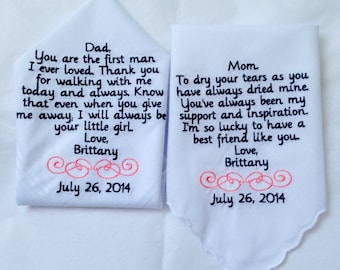 Set of two personalized handkerchiefs mother of the bride and father of the bride gift