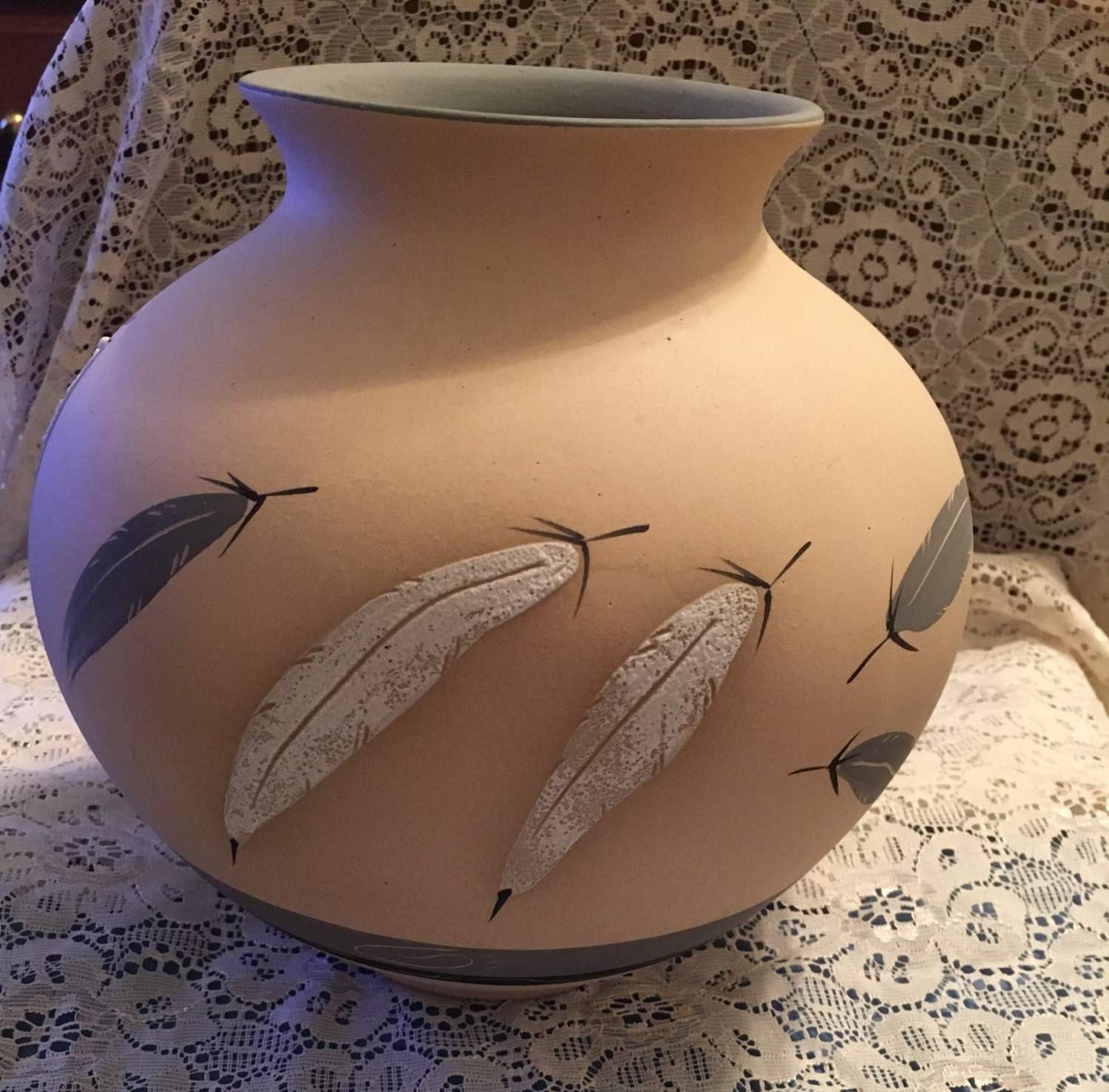 Grey Feather Pueblo Pottery Vase Desert Pueblo Art Pottery