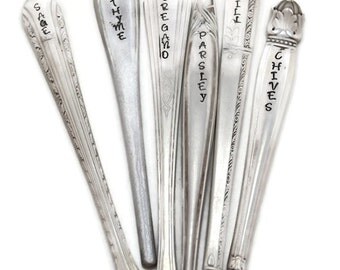 6 Stamped Spoon Handle Herb Markers, Garden Plant Silverware Markers, Hand Stamped Plant Stakes Herb Picks Hostess Gift You Choose the Herbs