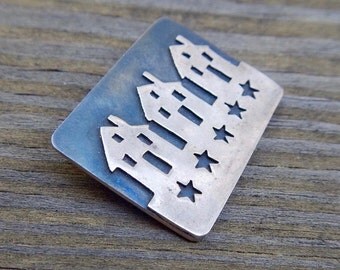 Sterling Silver Overlay Brooch, Sky Blue Background, Houses & Stars, Marked Signed