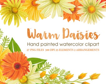 orange and yellow daisy watercolor clipart, floral graphic daisies with wreath and laurel, handpainted watercolor clipart by SLS Lines