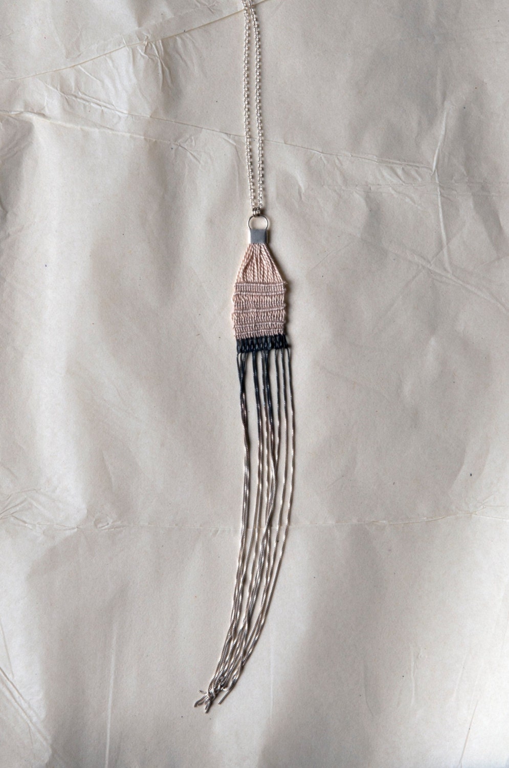 Long Woven Silver Chains Pendant Necklace With Handmade Woven