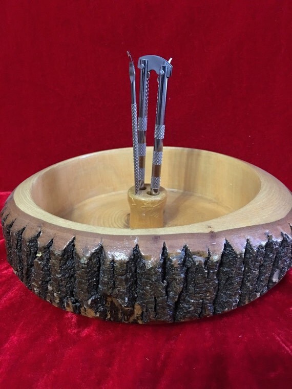 Vintage Natural Wood Nut Bowl with Nut Cracker & Two Picks