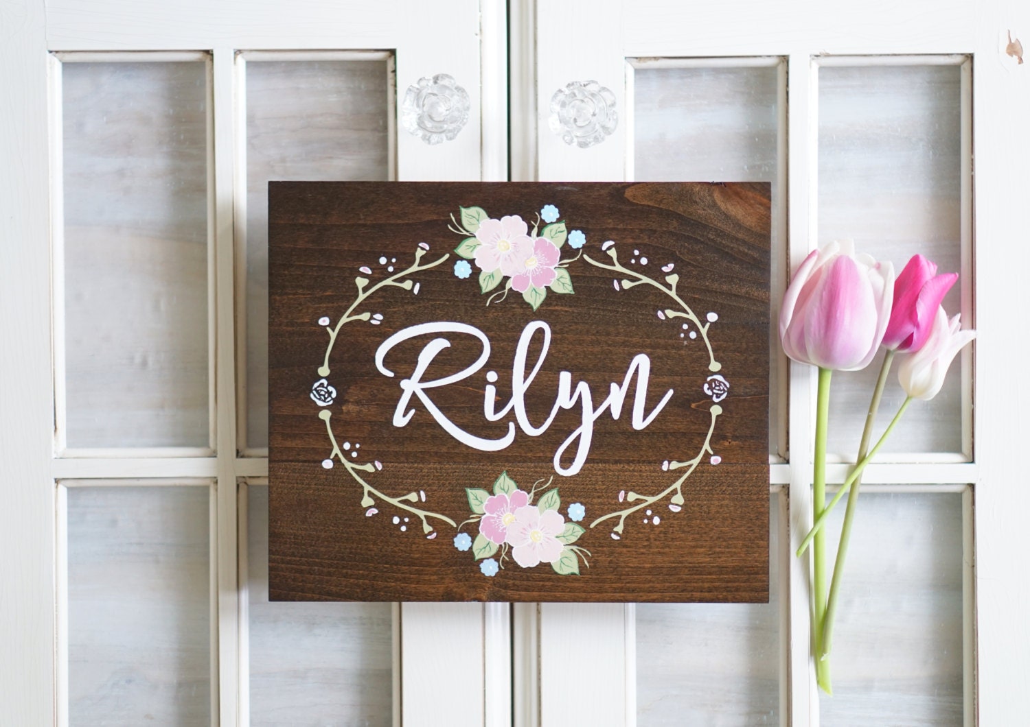 Custom Name Sign Nursery Wall Art Hand painted Flowers Shabby
